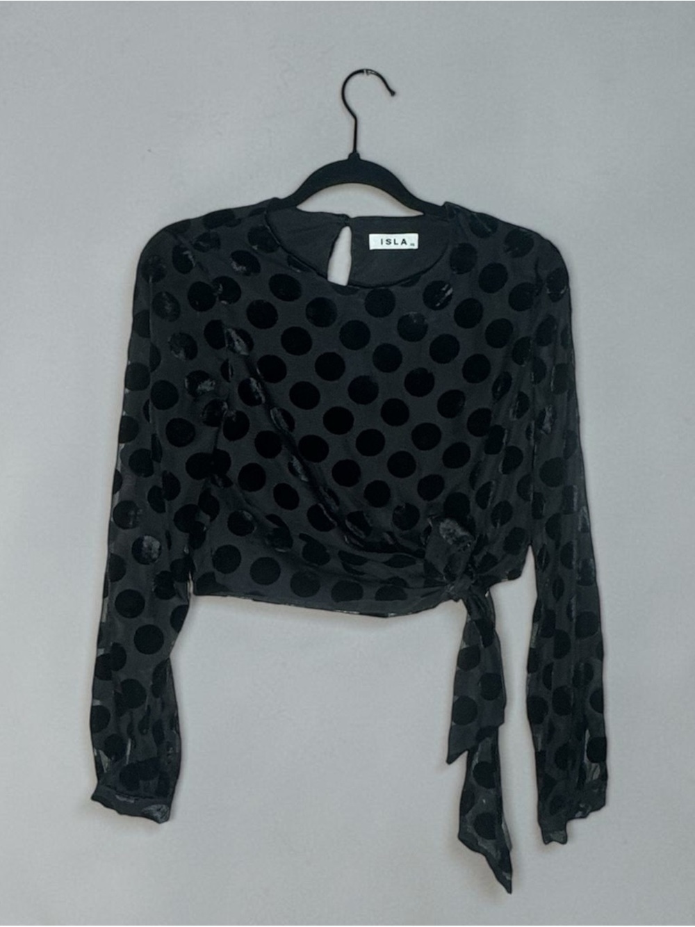 Isla Sheer Black Polkadot Velvet Wrap Top NWOT